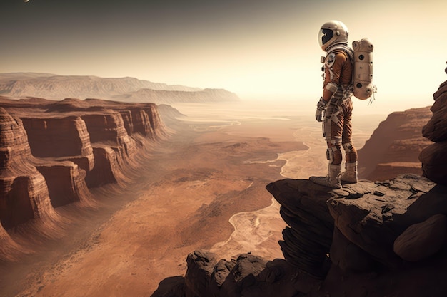 Astronauta in piedi al tramonto sul pianeta Marte generativo ai