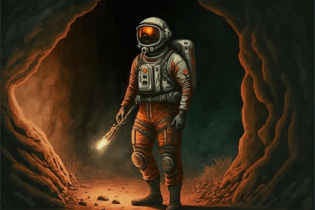 Astronauta in piedi all'ingresso della grotta illustrazione in stile arte digitale pittura fantasia concetto di un astronauta nella grotta