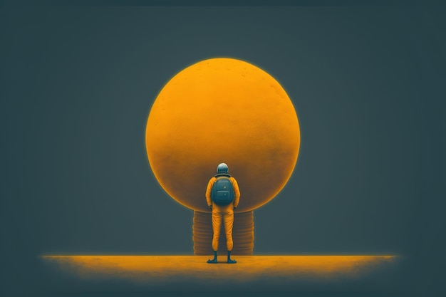 Astronauta in piedi e guardando una sfera misteriosa illustrazione in stile arte digitale pittura fantasia illustrazione di un cosmonauta che guarda la sfera