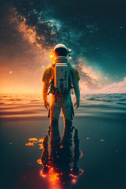 Astronauta in piedi in acqua con una tuta spaziale su AI generativa