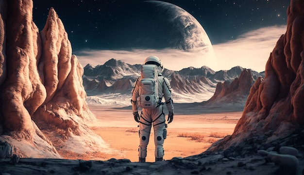 Astronauta in piedi su un pianeta con le montagne sullo sfondo