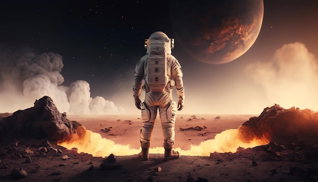 Astronauta in piedi su un suolo di un pianeta roccioso alieno IA generativa