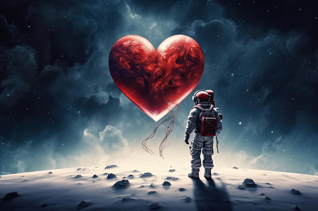 Astronauta in piedi sulla luna con in mano un cuore rosso Supporti misti Astronauta sulla luna con in mano un grande cuore rosso per San Valentino Generato dall'intelligenza artificiale