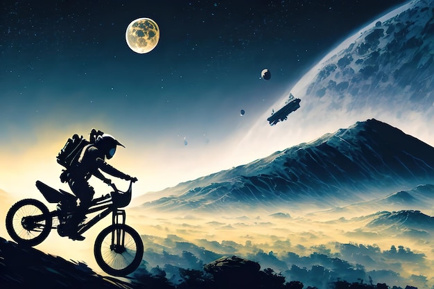 Astronauta in sella a opere d'arte bmx con design a colori chiari isolato dalla luna