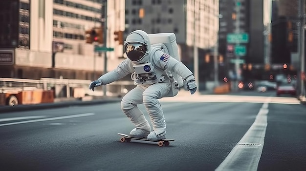 Astronauta in sella a uno skateboard IA generativa