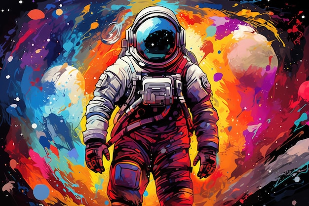 Astronauta in tuta spaziale su sfondo cosmico astratto Esplorazione dello spazio profondo