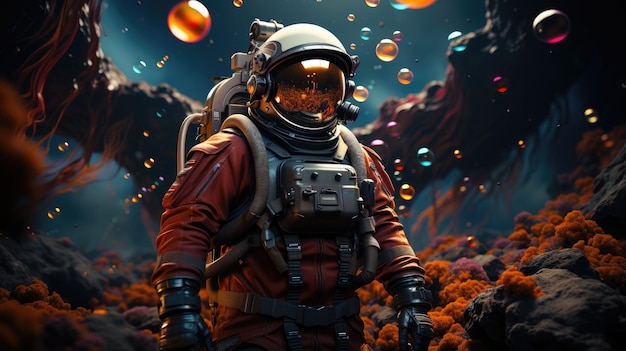 Astronauta in una galassia di bolle colorate su un pianeta diverso