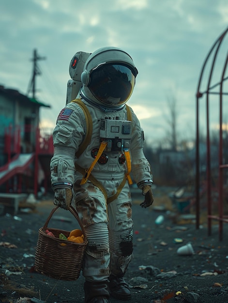 astronauta in una tuta spaziale bianca con un cesto di frutta generativa ai