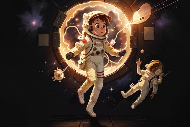 Astronauta in viaggio nello spazio di Anime del fumetto che galleggia senza l'illustrazione della priorità bassa della carta da parati di gravità