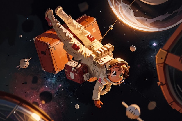 Astronauta in viaggio nello spazio di Anime del fumetto che galleggia senza l'illustrazione della priorità bassa della carta da parati di gravità