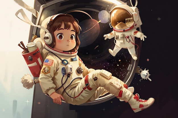 Astronauta in viaggio nello spazio di Anime del fumetto che galleggia senza l'illustrazione della priorità bassa della carta da parati di gravità