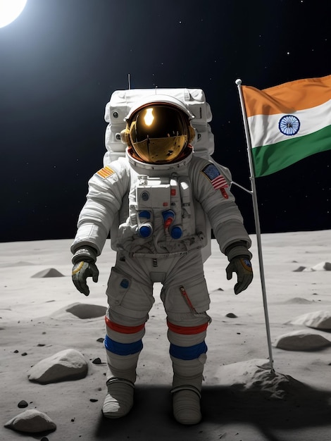 Astronauta indiano in prestito sulla luna e con la bandiera dell'India in mano