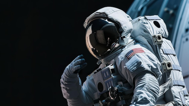 Astronauta irriconoscibile con casco riflettente e tuta EVA