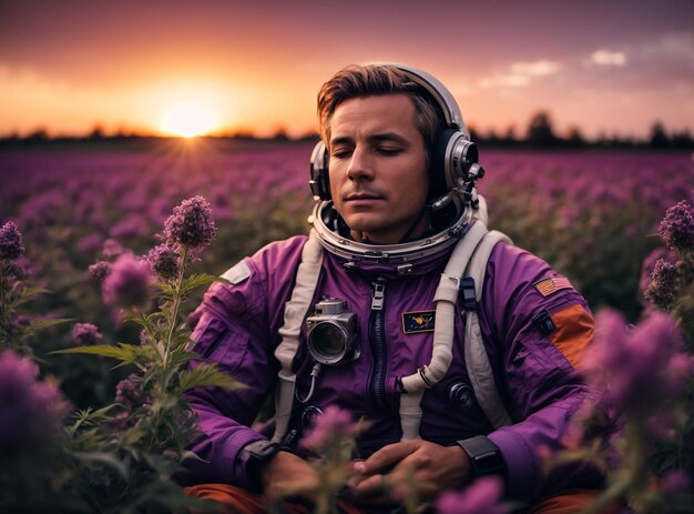 Astronauta nel campo di piante di fiori di cannabis al tramonto