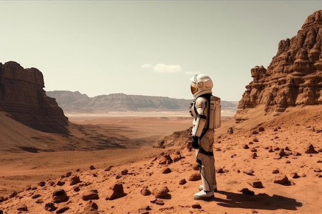 Astronauta nel deserto del Wadi Rum Giordania Astronauta multimediale misto su Marte In piedi e guardando il cielo AI Generated