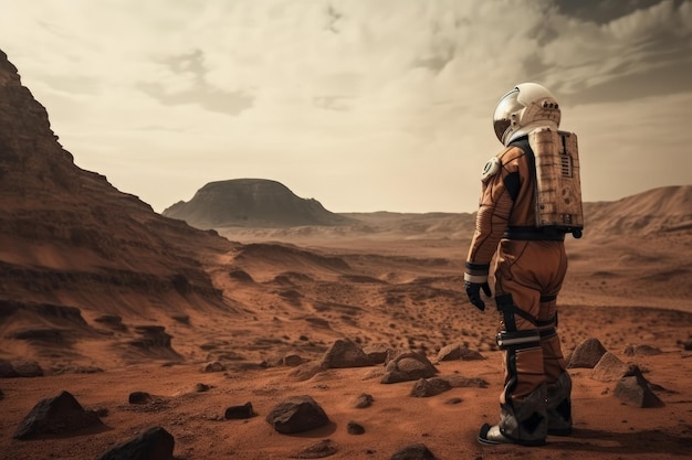 Astronauta nel deserto Tecnica mista Tecnica mista astronauta su Marte In piedi e guardando il cielo AI Generated