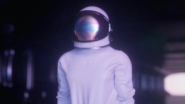Astronauta nel rendering 3d della stanza dell'astronave futuristica