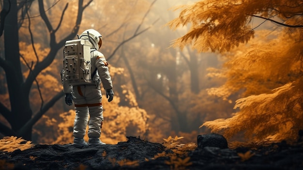 astronauta nella foresta autunnale nello stile di atmosfere iperrealistiche estetica vintage