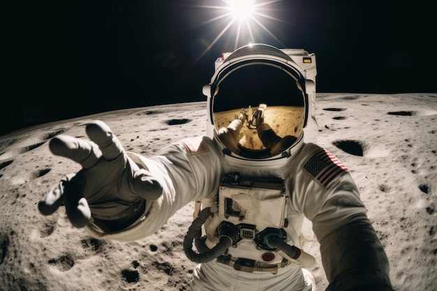 Astronauta nella sua tuta spaziale che si fa un selfie sulla luna Fotografia spaziale Ai generativa