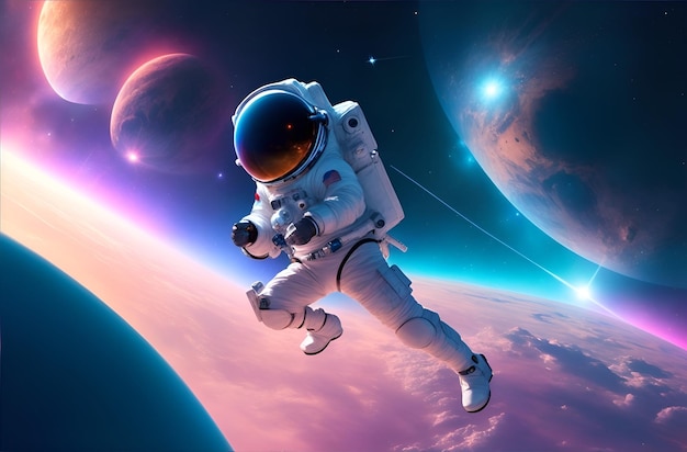Astronauta nello spazio aperto sullo sfondo dei pianeti