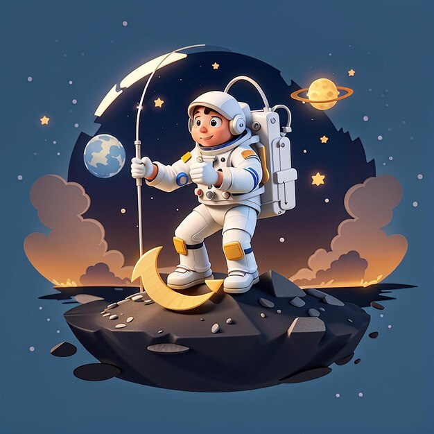 Astronauta Pesca Stella sulla Luna Cartoon Vector Icon Illustrazione Scienza Tecnologia Icon Concept Isolato Premium Vector Flat Cartoon Style