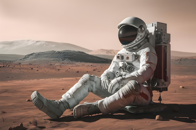 Astronauta raffreddato che si rilassa sulla superficie del pianeta Marte contemplando l'esplorazione spaziale