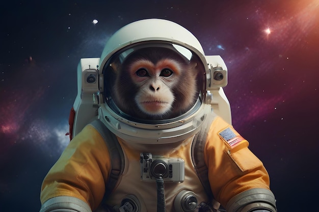 Astronauta scimmia in tuta spaziale con casco nello spazio sullo sfondo della galassia