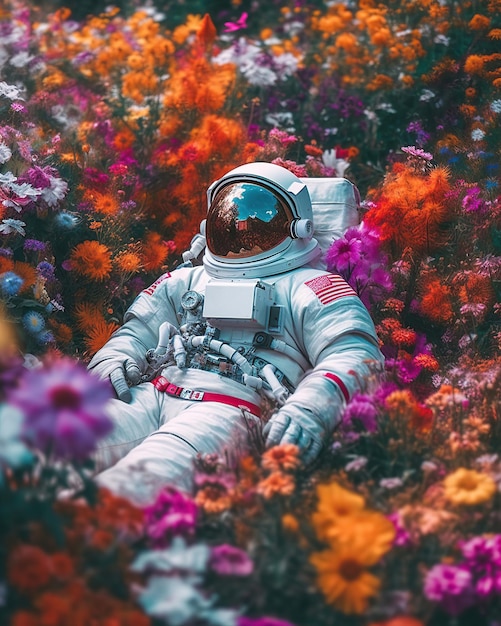 Astronauta sdraiato in fiori generati dall'AI