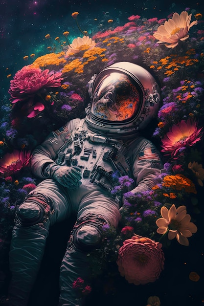 Astronauta sdraiato sui fiori AIGenerato