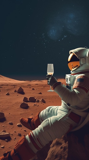 astronauta seduto a terra con in mano un bicchiere di vino ai creativo