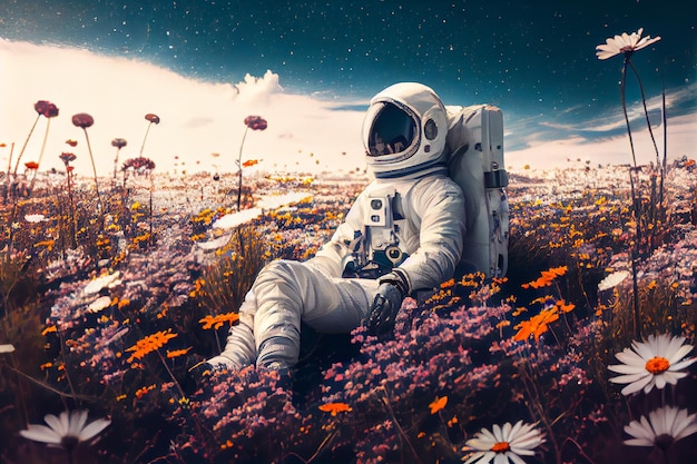 Astronauta seduto in un bellissimo campo di fiori IA generativa IA generativa