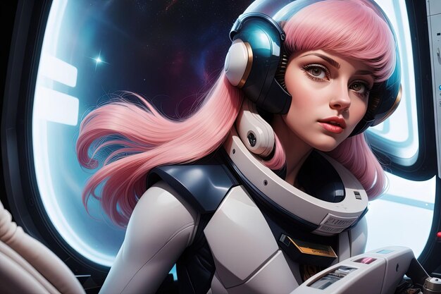 Astronauta spaziale dai lunghi capelli rosa in stile Barbie illustrazione generativa ai