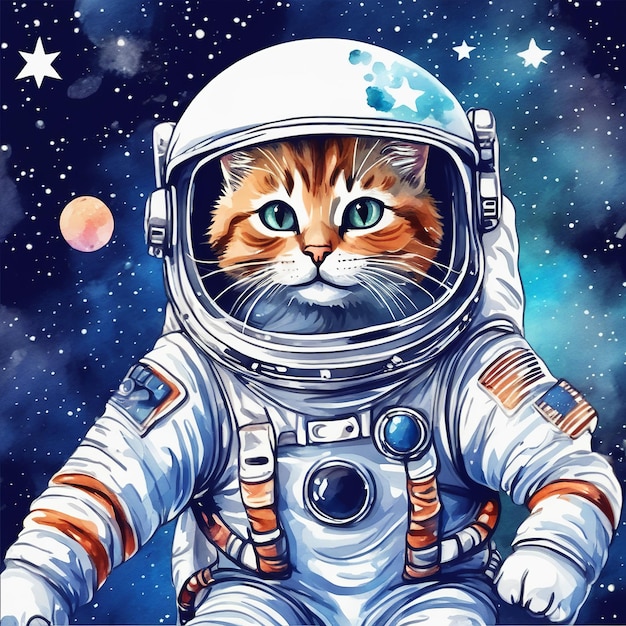 Astronauta spazio gatto rosso con stelle acquerello a mano dipinto illustrazione isolata