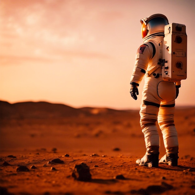 Astronauta su Marte durante il tramonto