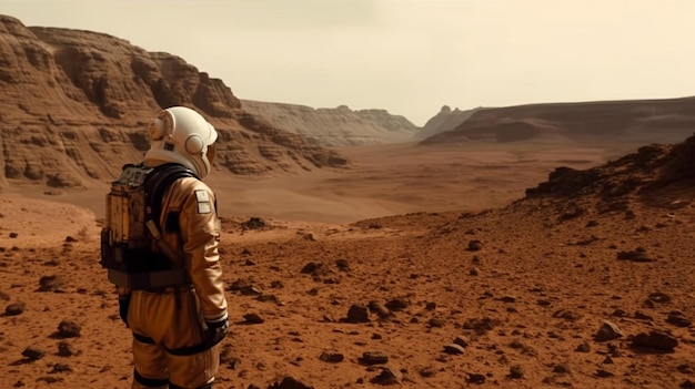 Astronauta su Marte in piedi e guardando il paesaggio marziano