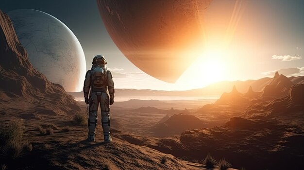 Astronauta su un exoplaneta futuristico paesaggi alieni flora misteriosa e un cielo