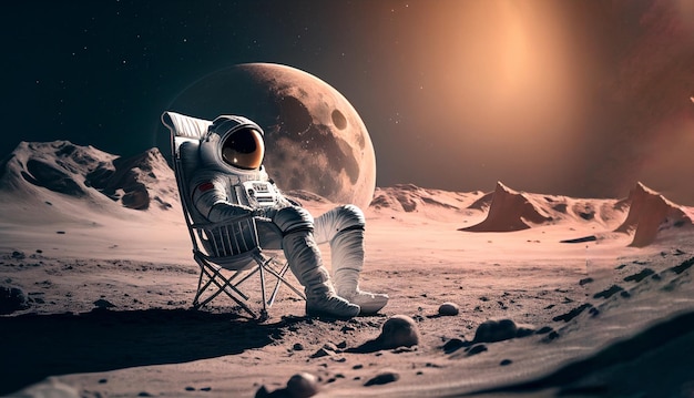 Astronauta su una luna che esplora un pianeta Illustrazione dell'IA generativa