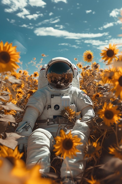 Astronauta sul campo con i girasoli