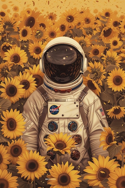 Astronauta sul campo con i girasoli