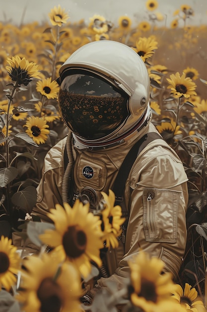 Astronauta sul campo con i girasoli