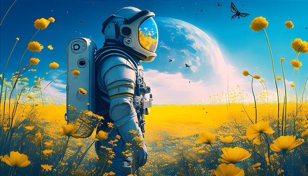 Astronauta sul pianeta con diversi fiori e farfalle Illustrazione generata in AI