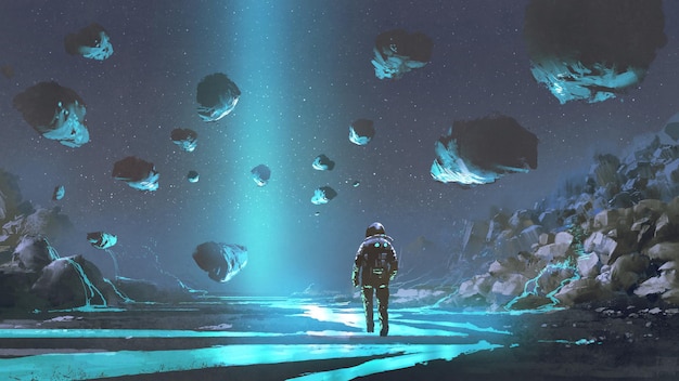 astronauta sul pianeta turchese con minerali blu incandescente, stile arte digitale, pittura illustrativa