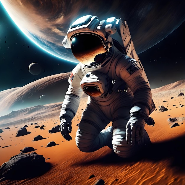 Astronauta sullo sfondo del pianeta 3d rendering ai generativa