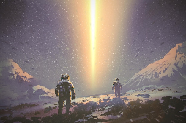 astronauti che camminano verso un raggio di luce misterioso dal cielo, concetto di fantascienza, pittura illustrativa