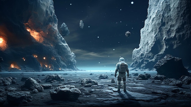 Astronauti che esplorano un asteroide Elementi di rendering 3D