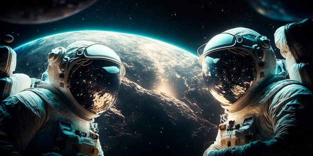 Astronauti che fluttuano nello spazio con la Terra sullo sfondo IA generativa