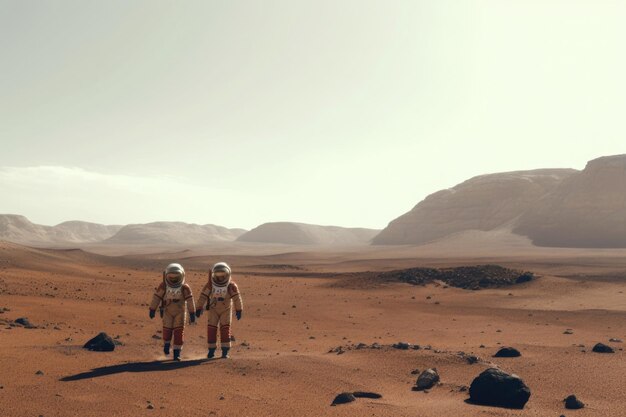 Astronauti che indossano tute spaziali che camminano sul pianeta rosso IA generativa