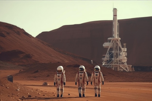 Astronauti che indossano tute spaziali che camminano sul pianeta rosso IA generativa