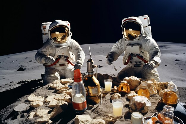 Astronauti che si riposano sulla luna e bevono birra AI generativa