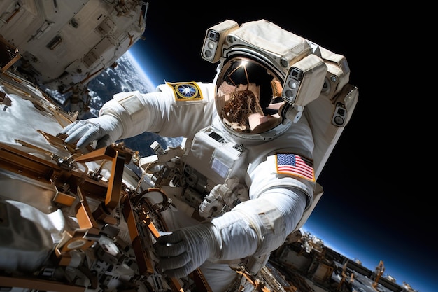 astronauti con caschi spaziali riparano stazioni spaziali nello spazio